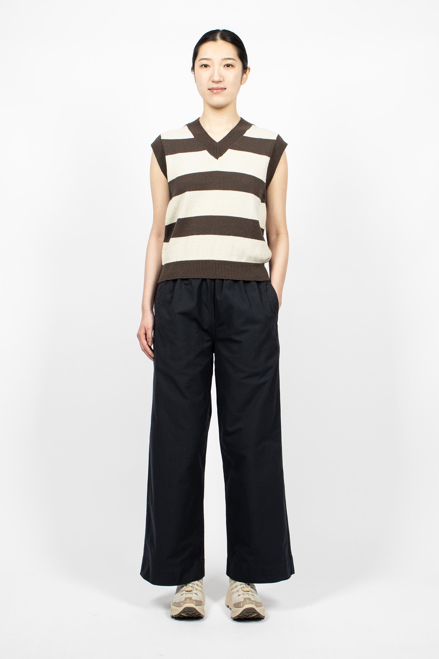 Striped V-Neck Slipover Conker/Off-White