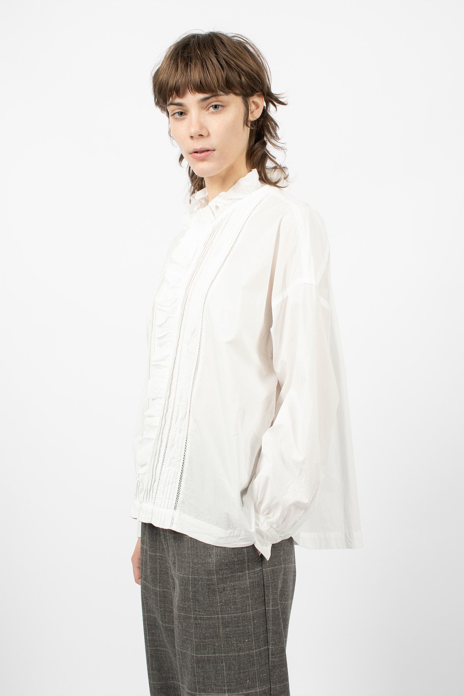 Lace Pin Tuck Ruffle Shirt White