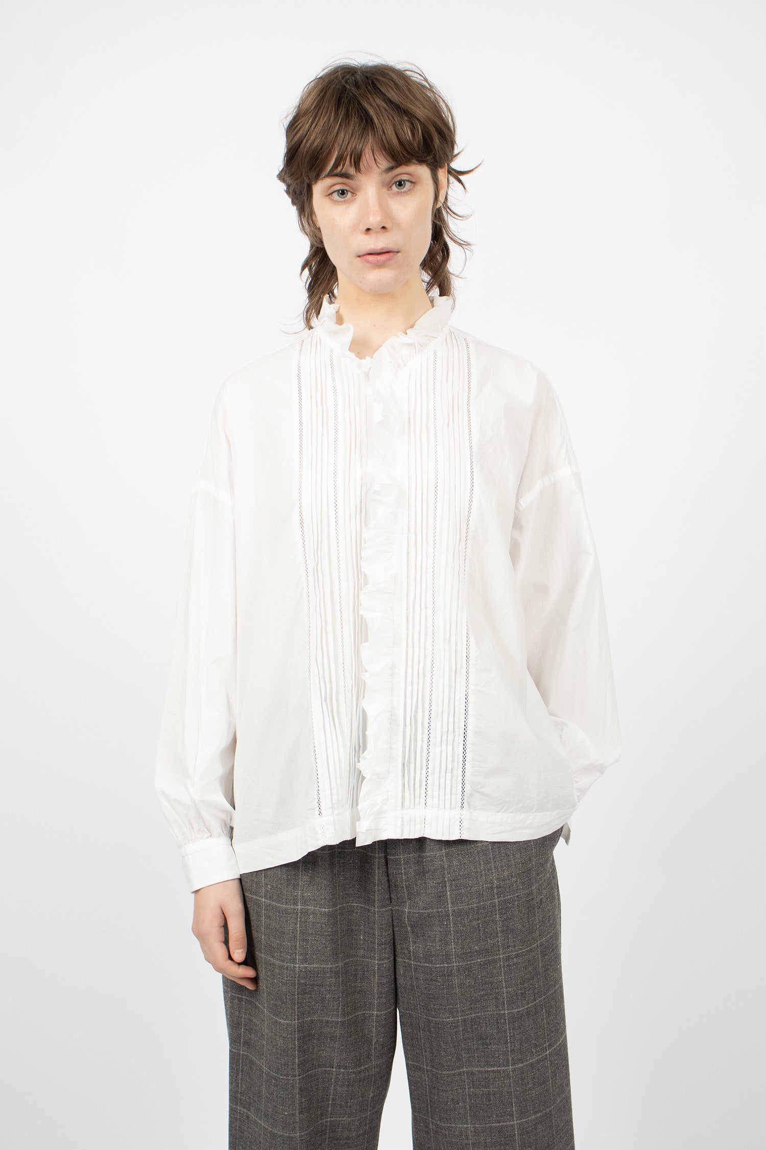 Lace Pin Tuck Ruffle Shirt White